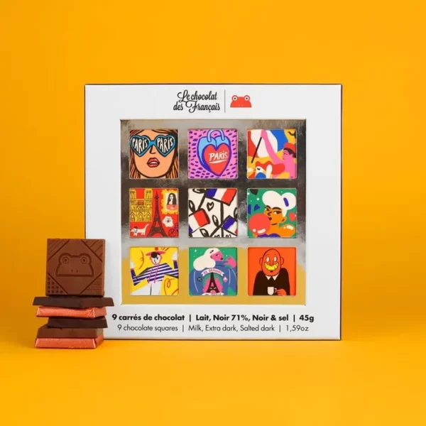 Coffret de 9 carrés de chocolat  bio - Lait, noir, noir et sel